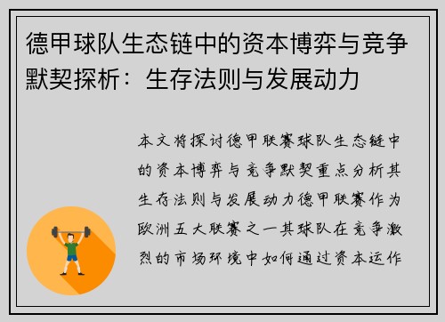 德甲球队生态链中的资本博弈与竞争默契探析：生存法则与发展动力